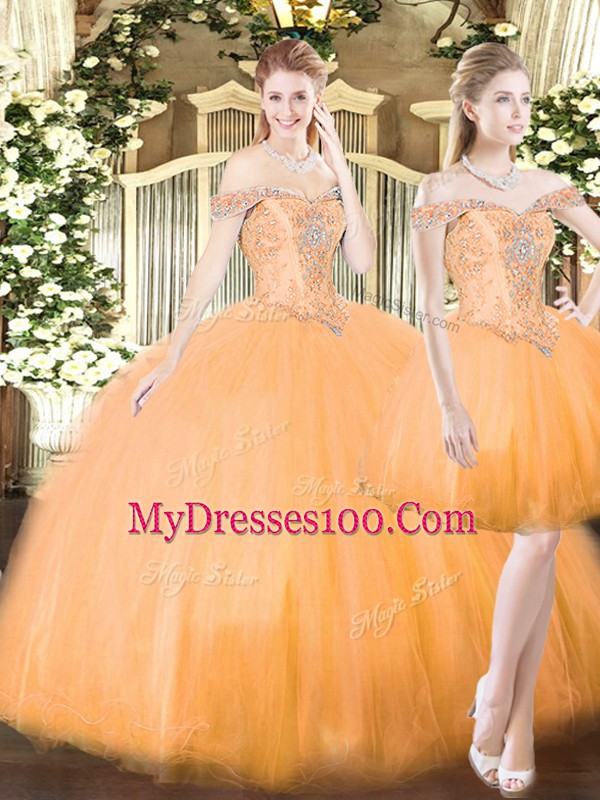 Super Organza Off The Shoulder Sleeveless Lace Up Beading and Ruffles Quinceanera Dresses in Orange Red