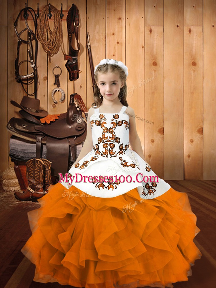 Simple Sleeveless Lace Up Floor Length Embroidery and Ruffles Little Girls Pageant Dress Wholesale