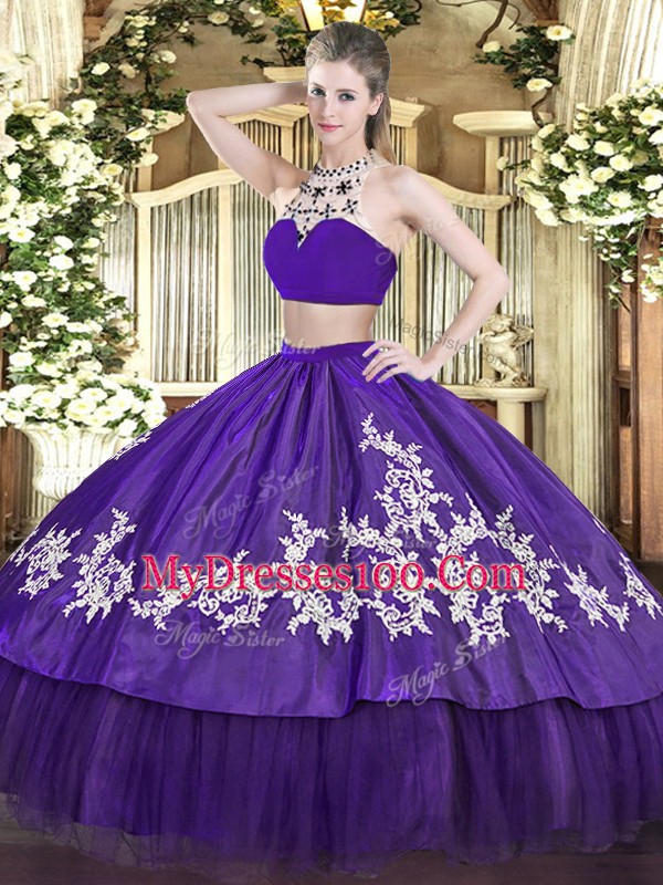 Unique Tulle High-neck Sleeveless Backless Beading and Appliques Vestidos de Quinceanera in Purple