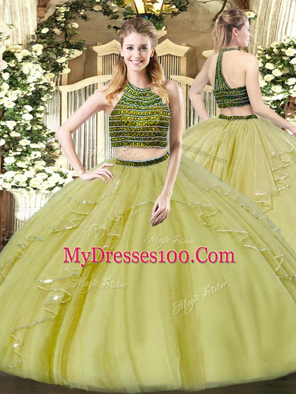 High Quality Olive Green Organza Zipper Halter Top Sleeveless Floor Length Ball Gown Prom Dress Beading and Ruffles