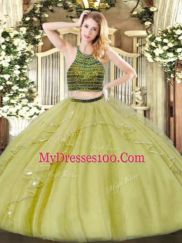 High Quality Olive Green Organza Zipper Halter Top Sleeveless Floor Length Ball Gown Prom Dress Beading and Ruffles