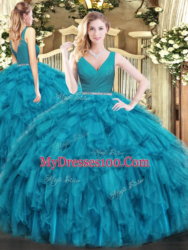 Custom Design Tulle Sleeveless Floor Length Ball Gown Prom Dress and Beading and Ruffles