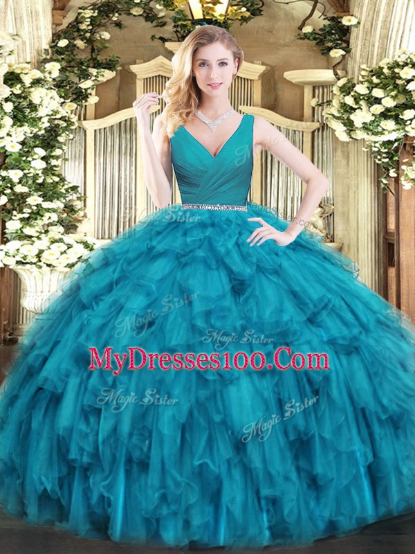 Custom Design Tulle Sleeveless Floor Length Ball Gown Prom Dress and Beading and Ruffles