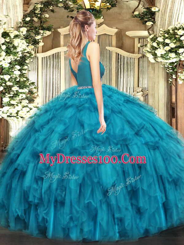 Custom Design Tulle Sleeveless Floor Length Ball Gown Prom Dress and Beading and Ruffles