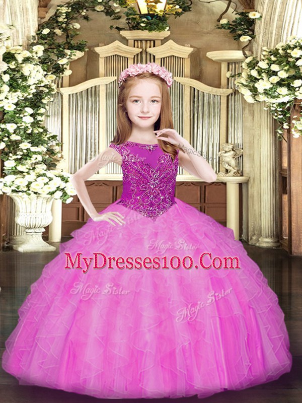 Inexpensive Floor Length Rose Pink Pageant Dress for Teens Organza Sleeveless Beading and Ruffles