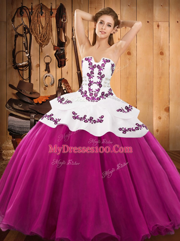 Luxury Strapless Sleeveless 15th Birthday Dress Floor Length Embroidery Fuchsia Satin and Organza