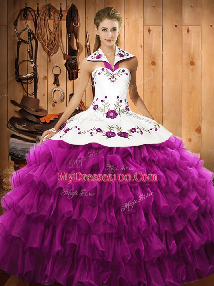 Flirting Fuchsia Satin and Organza Lace Up 15th Birthday Dress Sleeveless Floor Length Embroidery and Ruffled Layers