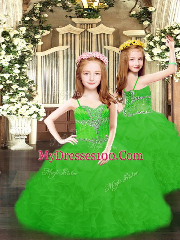 Floor Length Green 15 Quinceanera Dress Tulle Sleeveless Beading and Ruffles