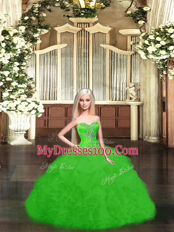 Floor Length Green 15 Quinceanera Dress Tulle Sleeveless Beading and Ruffles