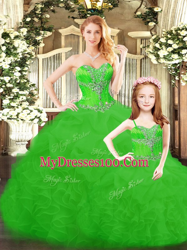 Floor Length Green 15 Quinceanera Dress Tulle Sleeveless Beading and Ruffles
