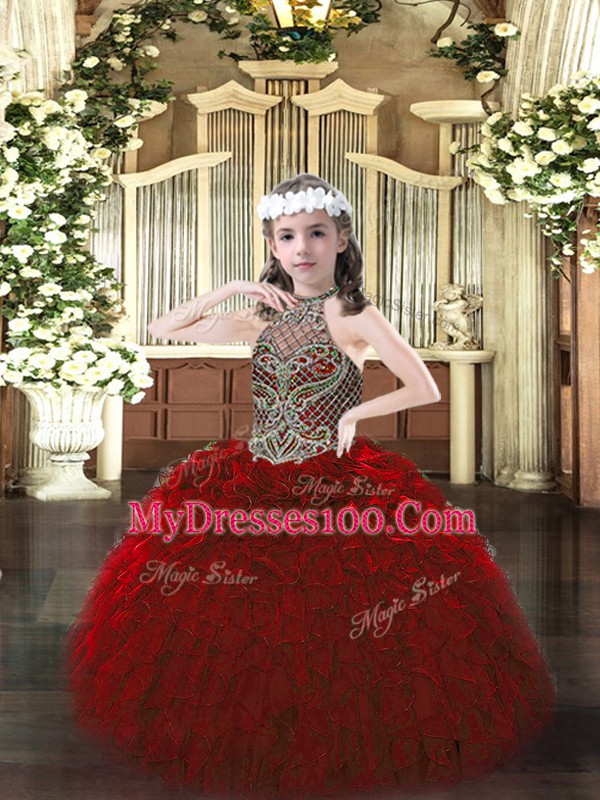 Affordable Sleeveless Floor Length Beading and Ruffles Lace Up Child Pageant Dress with Wine Red