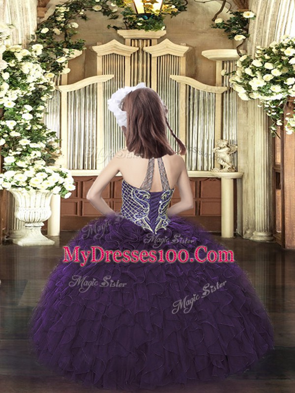 Affordable Sleeveless Floor Length Beading and Ruffles Lace Up Child Pageant Dress with Wine Red