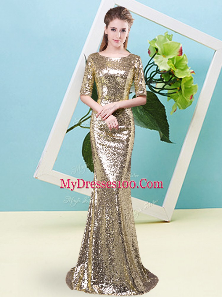 Graceful Yellow Half Sleeves High Low Sequins Zipper Prom Gown