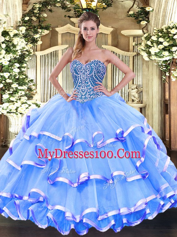 Pretty Baby Blue Sweetheart Lace Up Beading and Ruffled Layers Sweet 16 Quinceanera Dress Sleeveless
