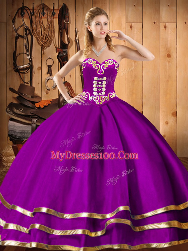 Purple Ball Gowns Organza Sweetheart Sleeveless Embroidery Floor Length Lace Up 15th Birthday Dress