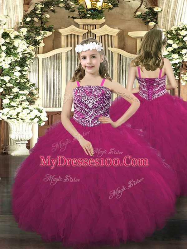 High End Floor Length Ball Gowns Sleeveless Fuchsia Kids Formal Wear Lace Up