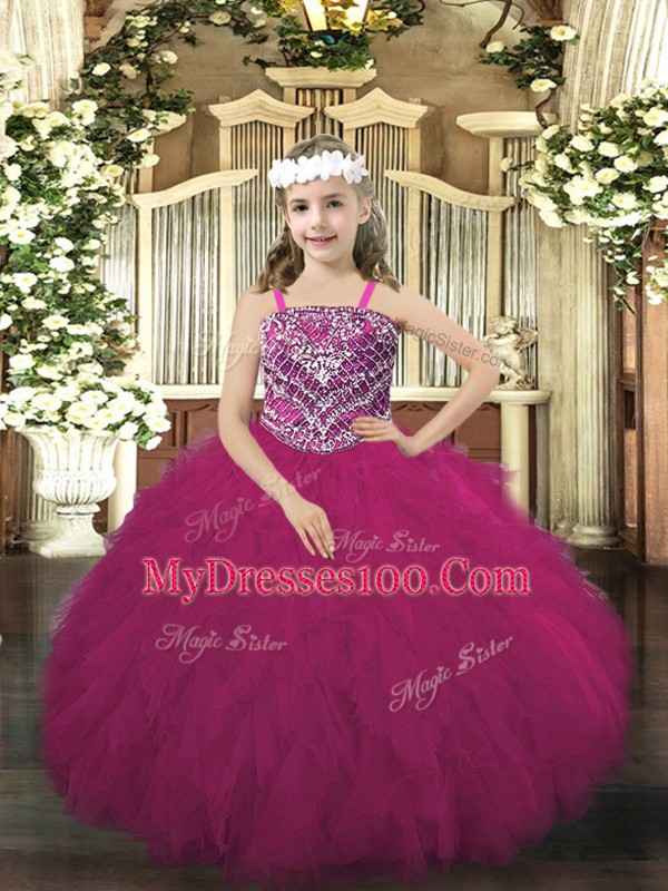 High End Floor Length Ball Gowns Sleeveless Fuchsia Kids Formal Wear Lace Up
