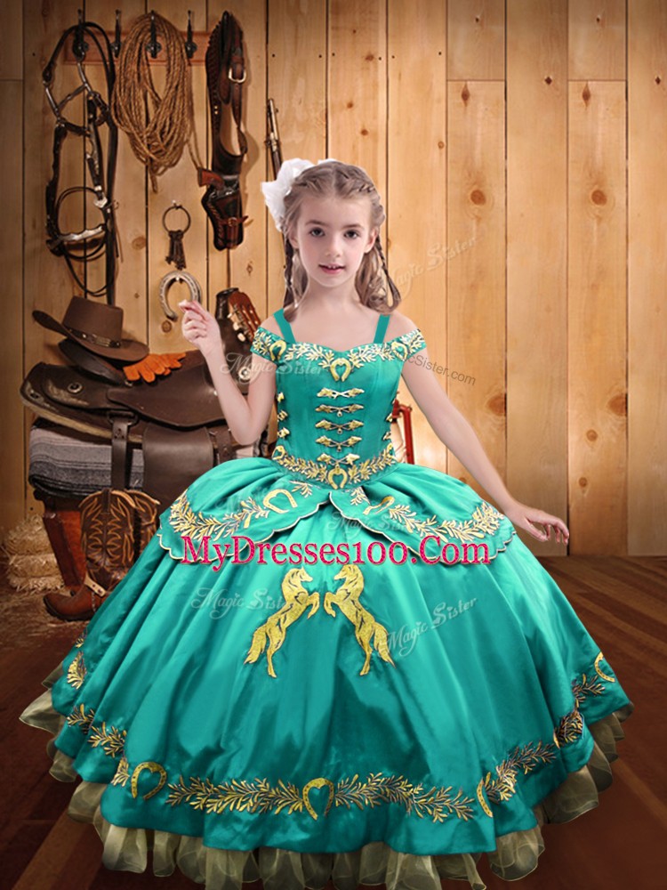 Off The Shoulder Sleeveless Kids Formal Wear Floor Length Beading and Embroidery Aqua Blue Satin