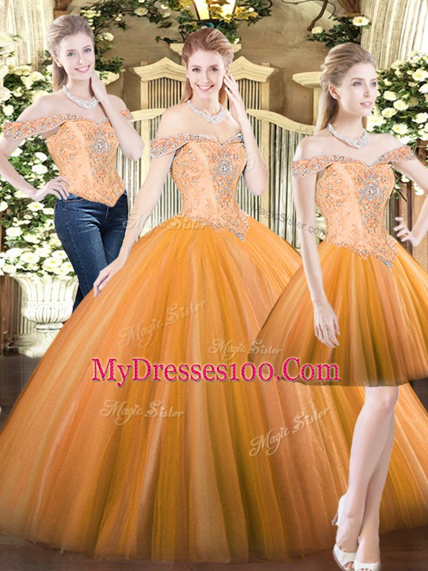 Off The Shoulder Sleeveless Lace Up Quinceanera Gown Orange Red Tulle