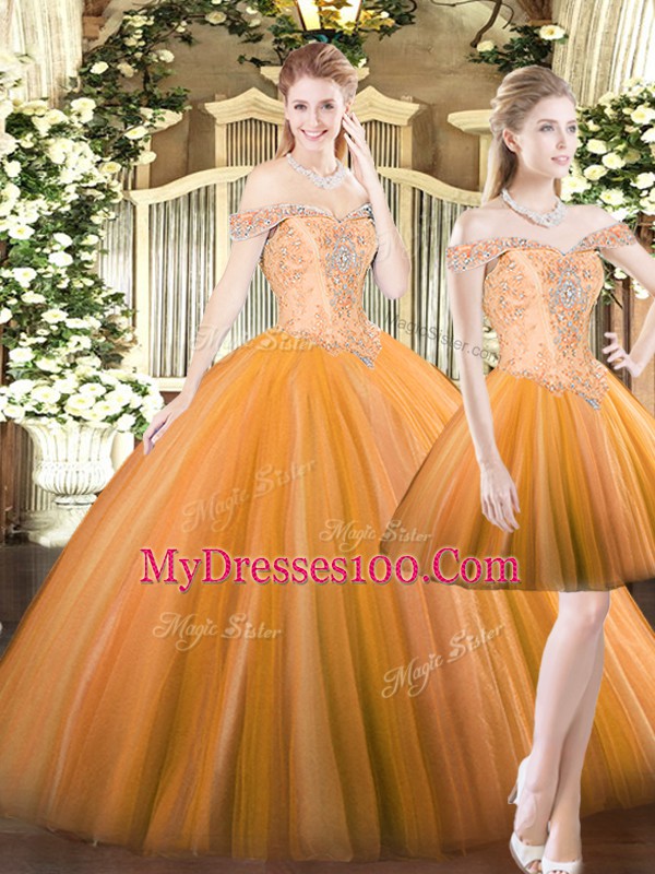 Off The Shoulder Sleeveless Lace Up Quinceanera Gown Orange Red Tulle