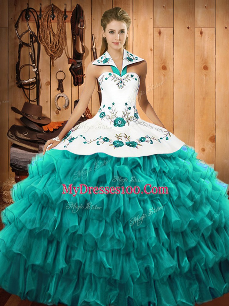 Sleeveless Lace Up Floor Length Embroidery and Ruffled Layers Quinceanera Dress