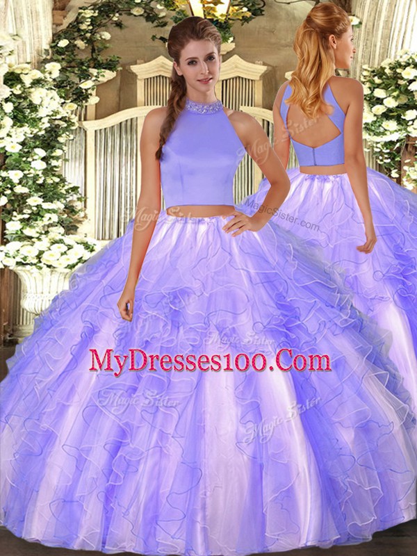 Nice Sleeveless Floor Length Beading and Ruffles Backless Quinceanera Gown with Lavender