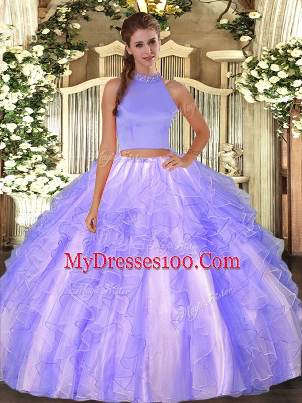 Nice Sleeveless Floor Length Beading and Ruffles Backless Quinceanera Gown with Lavender