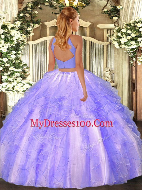 Nice Sleeveless Floor Length Beading and Ruffles Backless Quinceanera Gown with Lavender