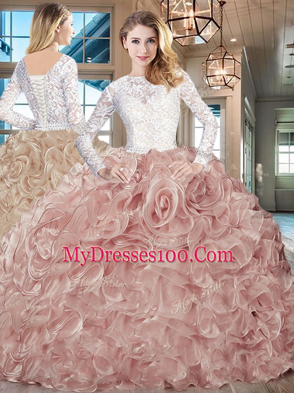 Champagne Lace and Fading Color Lace Up Scoop Long Sleeves Sweet 16 Dresses Brush Train Lace and Ruffles