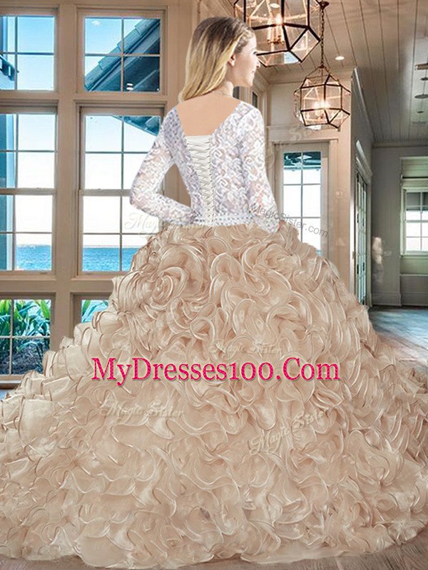 Champagne Lace and Fading Color Lace Up Scoop Long Sleeves Sweet 16 Dresses Brush Train Lace and Ruffles