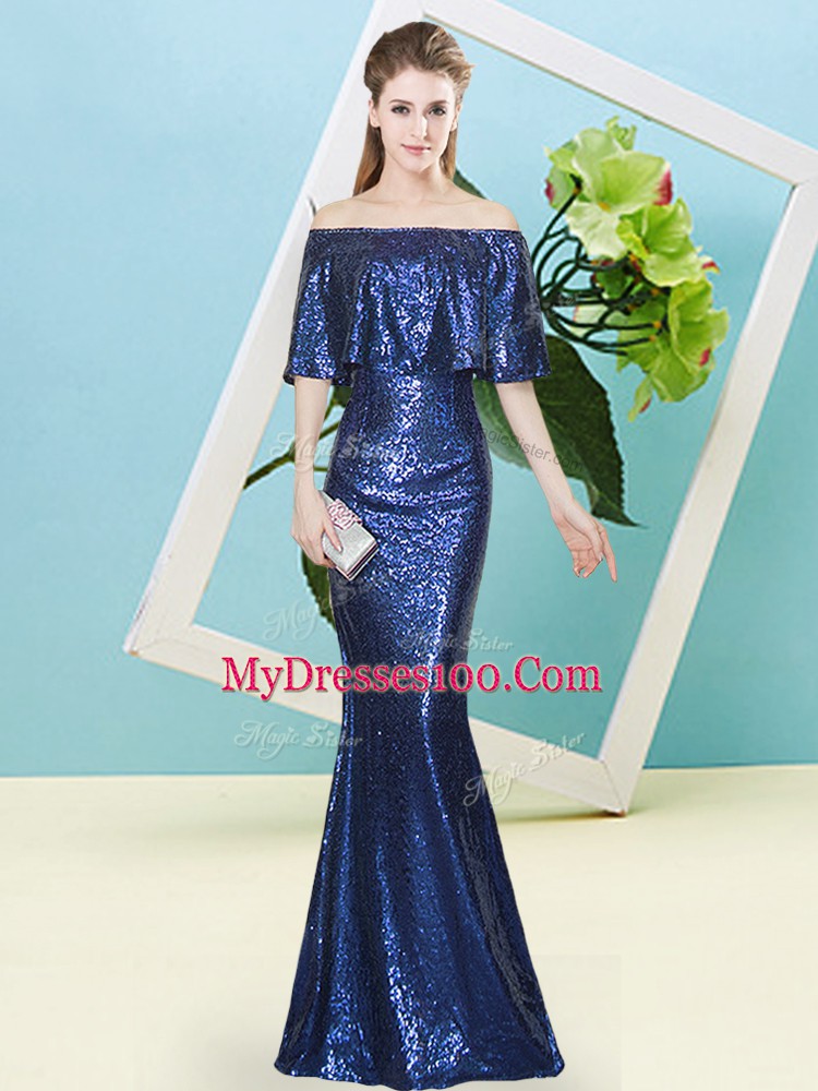 Sophisticated Royal Blue Sequined Zipper Homecoming Dress Half Sleeves Floor Length Sequins