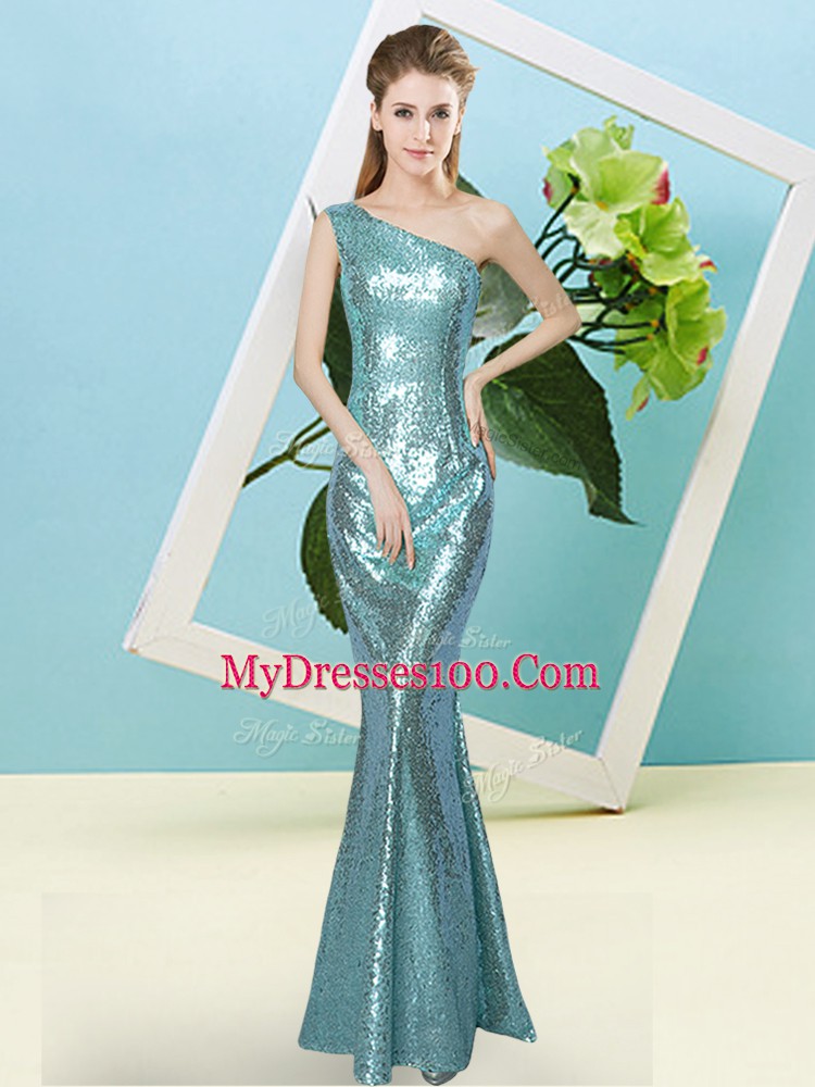 Colorful Aqua Blue Sequined Zipper Dress for Prom Sleeveless Floor Length Sequins