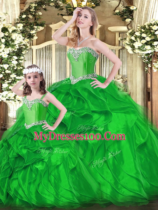 Exquisite Green Sleeveless Floor Length Beading and Ruffles Lace Up Sweet 16 Dress