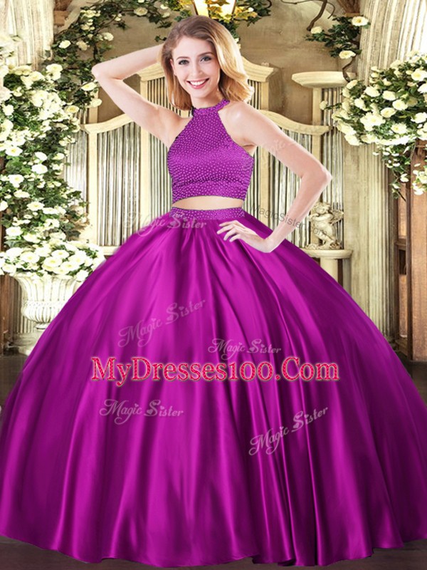 Low Price Fuchsia Sleeveless Beading Floor Length 15th Birthday Dress
