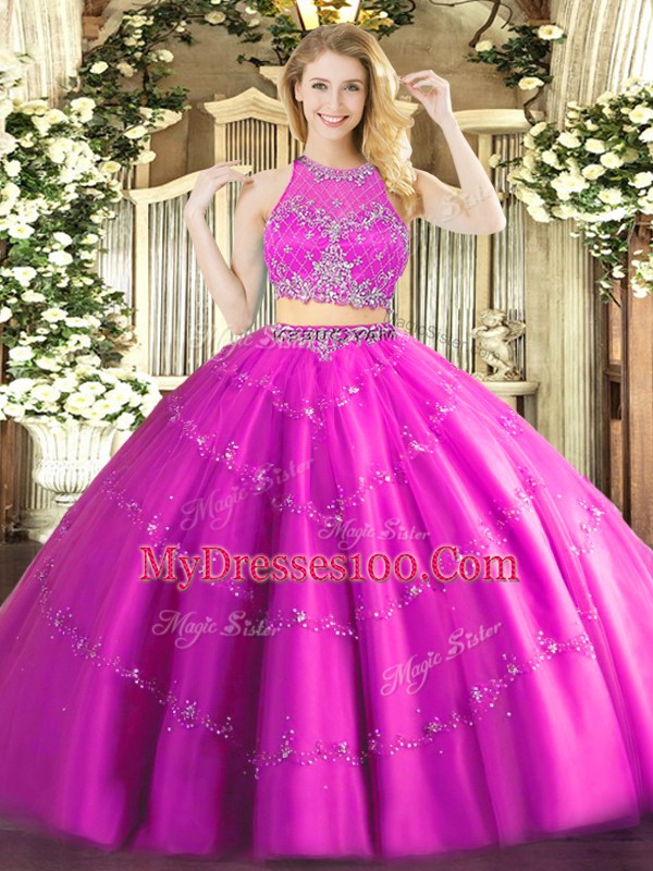 Sophisticated Two Pieces 15 Quinceanera Dress Fuchsia Scoop Tulle Sleeveless Floor Length Zipper