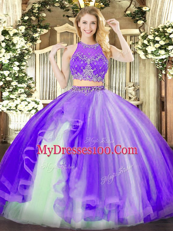 Pretty Lavender Zipper 15th Birthday Dress Beading and Ruffles Sleeveless Floor Length