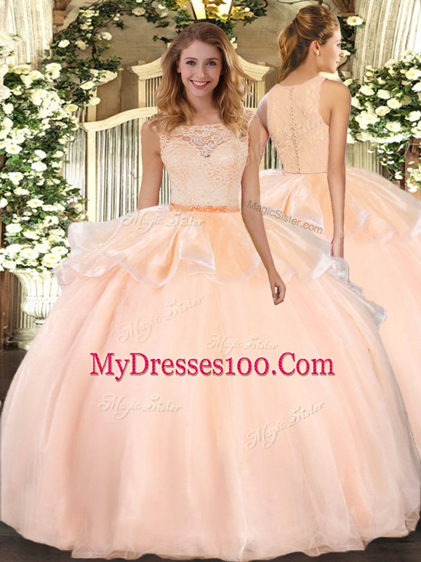 Peach Clasp Handle 15th Birthday Dress Lace Sleeveless Floor Length