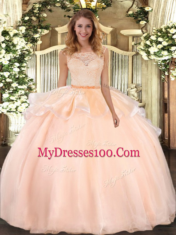 Peach Clasp Handle 15th Birthday Dress Lace Sleeveless Floor Length