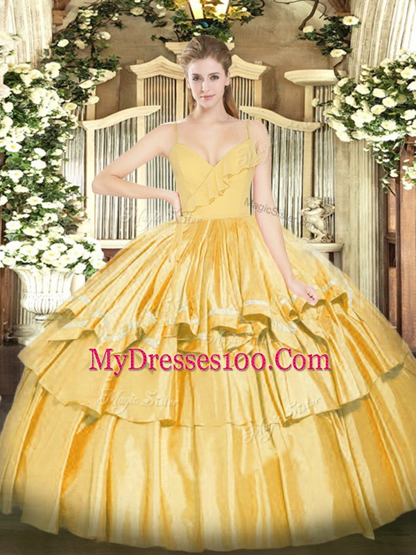 Chic Gold Zipper Quinceanera Gown Ruffled Layers Sleeveless Floor Length