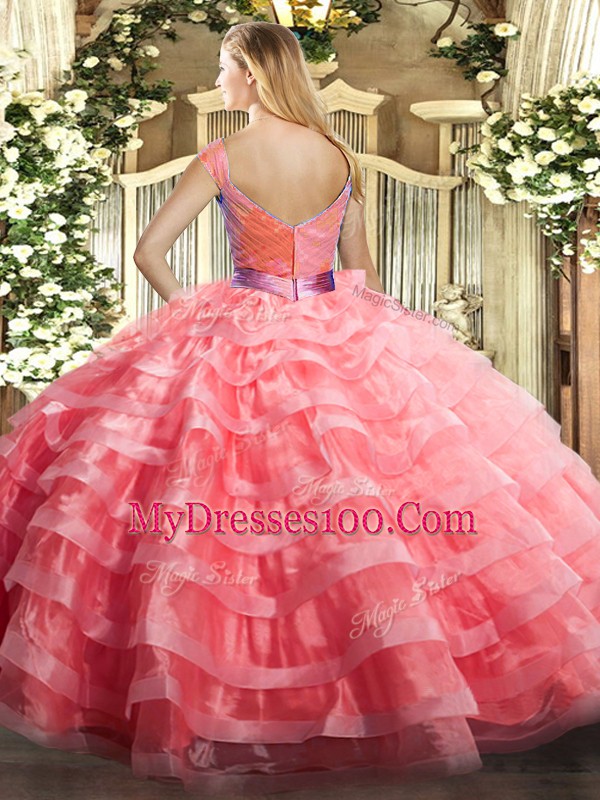 Wonderful Sleeveless Organza Floor Length Zipper Sweet 16 Dress in Lilac with Ruffled Layers