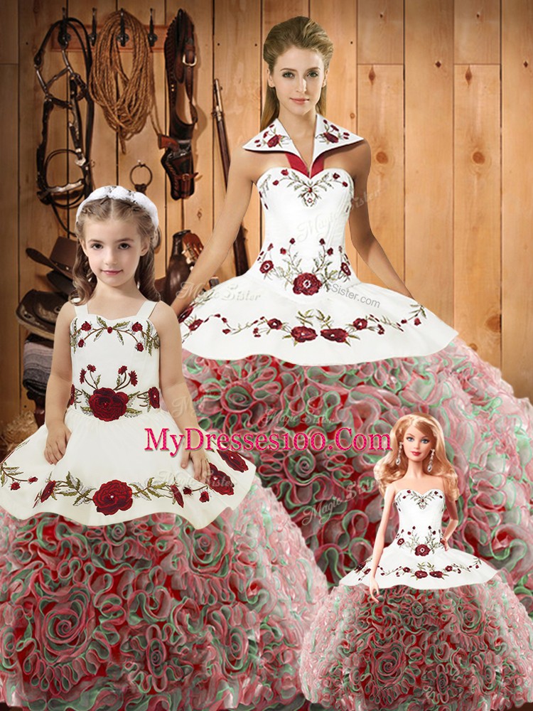Modest Halter Top Sleeveless Vestidos de Quinceanera Floor Length Embroidery Multi-color Satin and Fabric With Rolling Flowers
