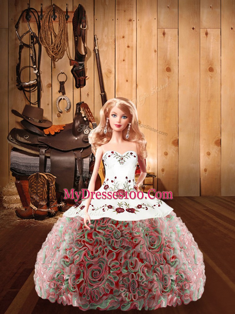 Modest Halter Top Sleeveless Vestidos de Quinceanera Floor Length Embroidery Multi-color Satin and Fabric With Rolling Flowers