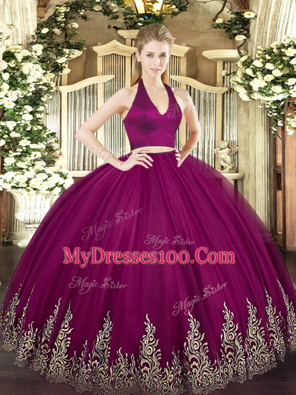 Custom Designed Fuchsia Two Pieces Tulle Halter Top Sleeveless Appliques Floor Length Zipper Quinceanera Gowns