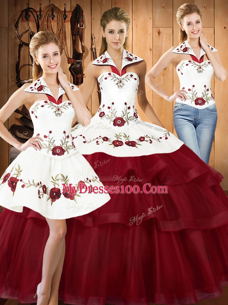 Fancy Satin and Organza Halter Top Sleeveless Sweep Train Lace Up Embroidery and Ruffled Layers 15 Quinceanera Dress in Wine Red