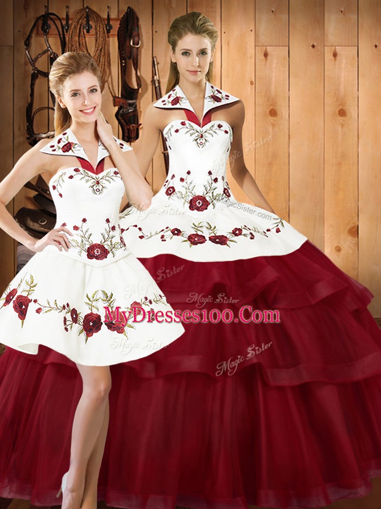 Fancy Satin and Organza Halter Top Sleeveless Sweep Train Lace Up Embroidery and Ruffled Layers 15 Quinceanera Dress in Wine Red