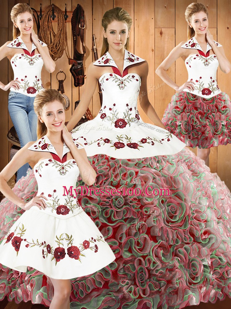 Sophisticated Sleeveless Fabric With Rolling Flowers Sweep Train Lace Up Sweet 16 Quinceanera Dress in Multi-color with Embroidery