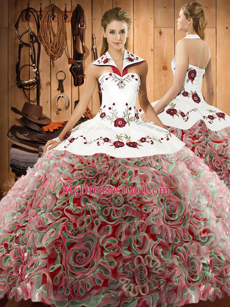 Sophisticated Sleeveless Fabric With Rolling Flowers Sweep Train Lace Up Sweet 16 Quinceanera Dress in Multi-color with Embroidery