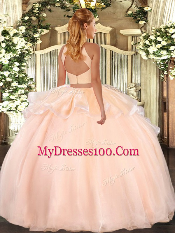 Stunning Floor Length Two Pieces Sleeveless Light Blue Ball Gown Prom Dress Backless