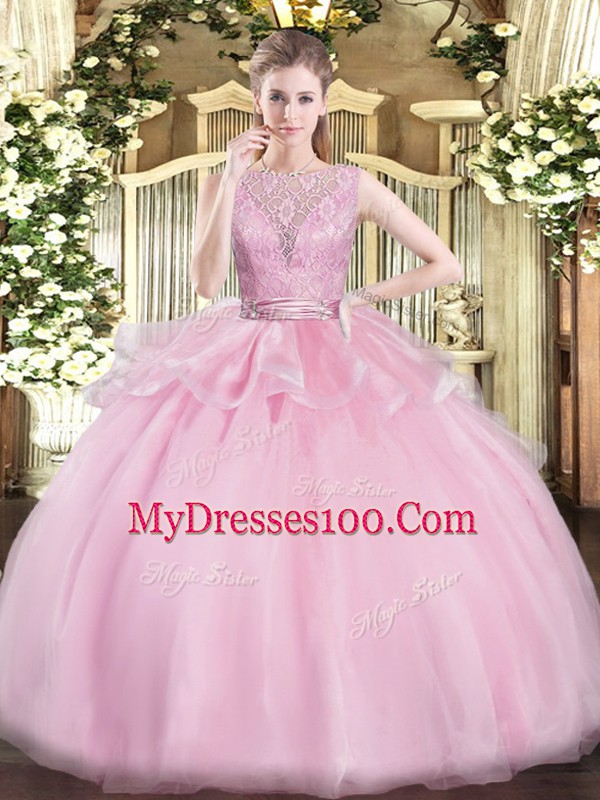 Adorable Baby Pink Organza Backless Quinceanera Gown Sleeveless Floor Length Lace