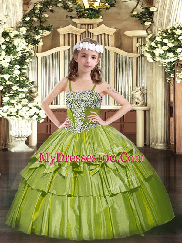 Straps Sleeveless Organza Pageant Gowns For Girls Appliques and Ruffled Layers Lace Up